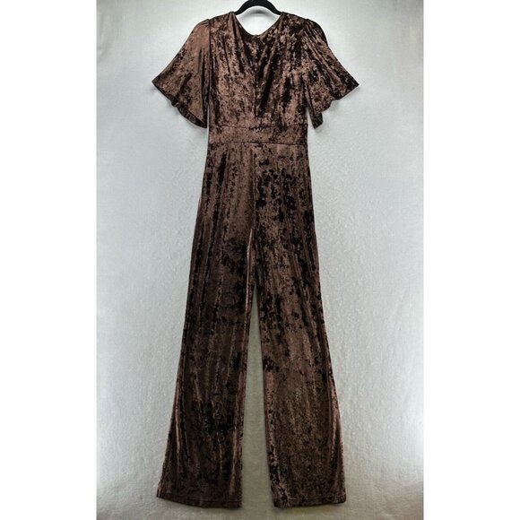 Free People Jumpsuit XS Night Fever Velvet Plunge Flutter Sleeve Wide Leg Brown - Picture 3 of 15